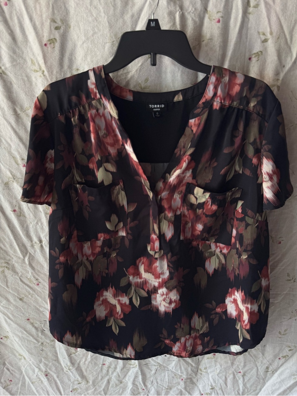 torrid Black Floral V-Neck Short Sleeve Blouse with Red & Cream Blooms